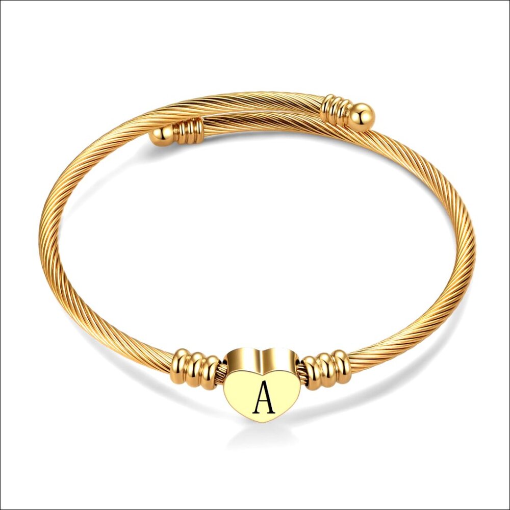 Gold Plated Heart Initial Letter Cuff Bracelet Expandable Stainless Steel